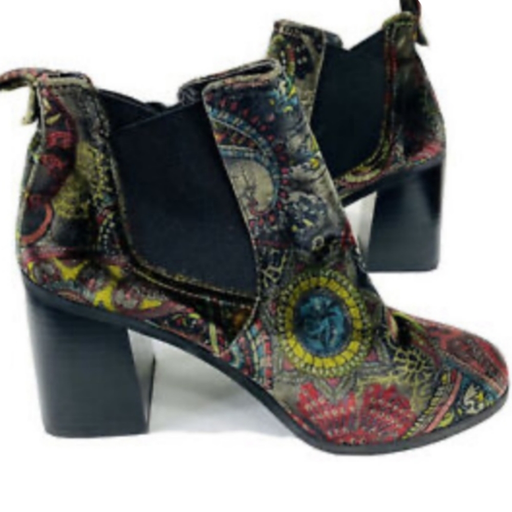 BP Velvet Paisley Chunky Heel Ankle Booties